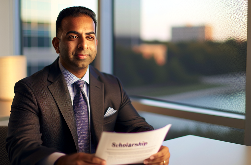 Entrepreneur reviewing scholarship and education documents in a modern New Jersey office
