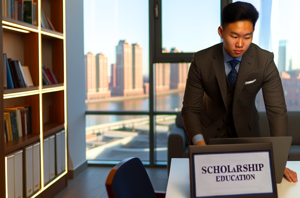 Entrepreneur reviewing scholarship and education documents in a modern office in New Jersey